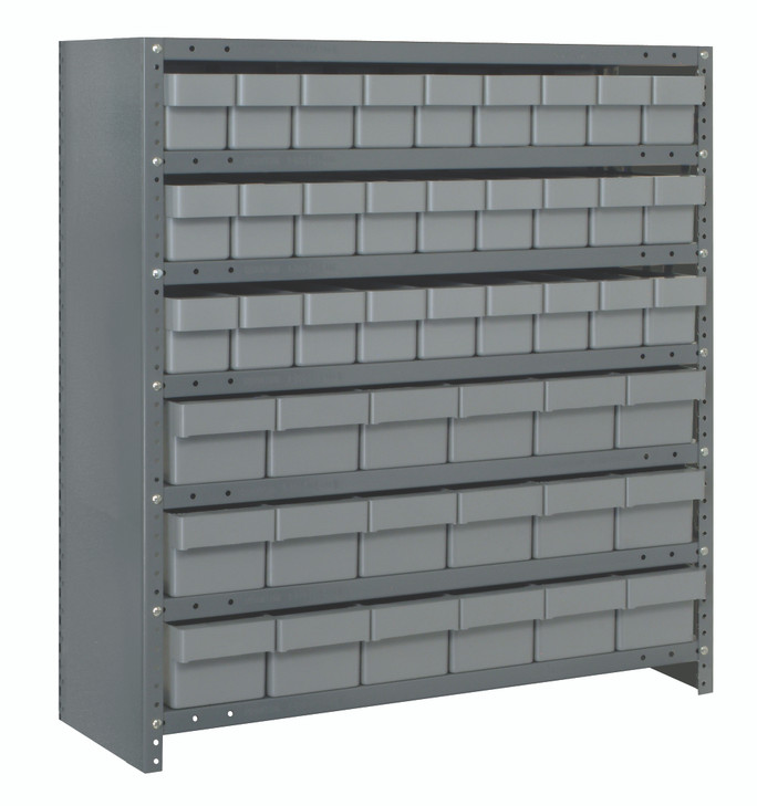 CL1839-624GY Shelving Unit, closed, 18"D x 36"L x 39"H, heavy duty, 400 lb. load capacity per shelf, includes: (7) shelves, (27) 17-7/8"L x 3-3/4"W x 4-5/8"H (QED604) and (18) 17-7/8"L x 5-9/16"W x 4-5/8"H (QED602) gray black bins