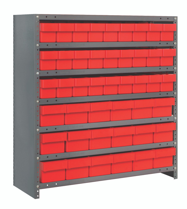 CL1839-624RD Shelving Unit, closed, 18"D x 36"L x 39"H, heavy duty, 400 lb. load capacity per shelf, includes: (7) shelves, (27) 17-7/8"L x 3-3/4"W x 4-5/8"H (QED604) and (18) 17-7/8"L x 5-9/16"W x 4-5/8"H (QED602) red black bins