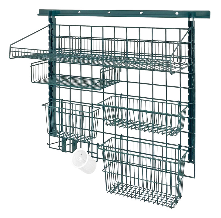 SGK-403036-3P Store Grid Medium-Duty Kit, includes: (1) 40" wall track, (2) 31" uprights, (1)36"W x 30"H grid panel, (1) 36"W x 18"D large shelf, (1) 18"W x 9"D small shelf, (1) 17"W x 7"D x 5"H (1) 13"W x 5"D x 7"H basket