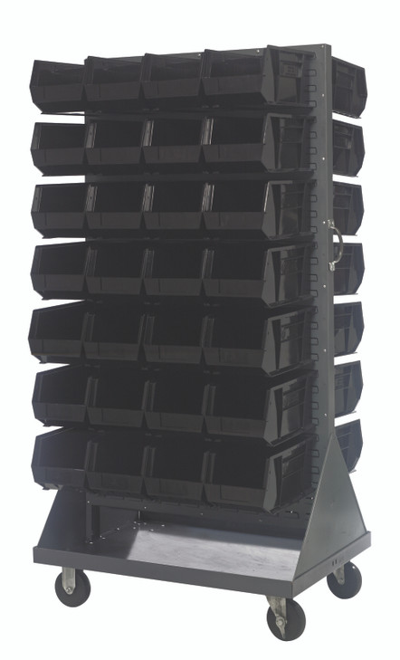 QMD-36H-240BK Louvered Rack, 36"W x 30"D x 72"H, 1200 lb. capacity, double sided, Includes: (56) QUS240, handle and (4) 5" rubber heavy-duty casters: (2) rigid and (2) swivel, black bins, 16 gauge cold rolled steel, gray enamel coated steel