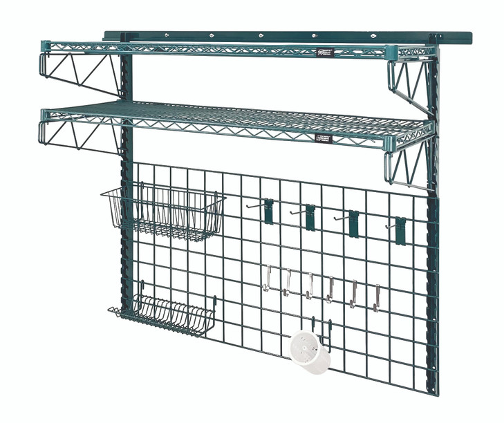 SGK-562448-1P Store Grid Medium-Duty Kit, includes: (1) 56" wall track, (2) 44" uprights, (4) 18" single cantilever arms, (2) 36"W x 18"D shelves (1836P), (1) 48"W x 24"H grid panel, (1) 17"W x 7"D x 5"H basket, (1) lid holder drying rack