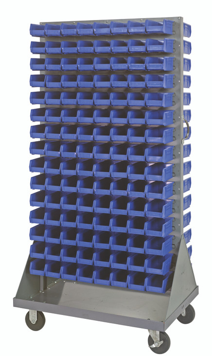 QMD-36H-220BL Louvered Rack, 36"W x 25"D x 72"H, 1200 lb. capacity, double sided, includes: (240) QUS220, handle and (4) 5" rubber heavy-duty casters: (2) rigid and (2) swivel, blue bins, 16 gauge cold rolled steel, gray enamel coated steel