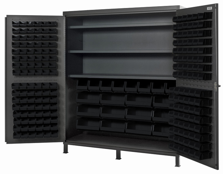 QSC-72SBK Heavy-Duty 72" Bin Cabinet, 72"W x 24"D x 84"H, 500 lb. capacity per interior shelf, 14 gauge all welded construction, includes: (3) adjustable shelves, (96) QUS210, (96) QUS220, (8) QUS240 and (12) QUS250 black bins