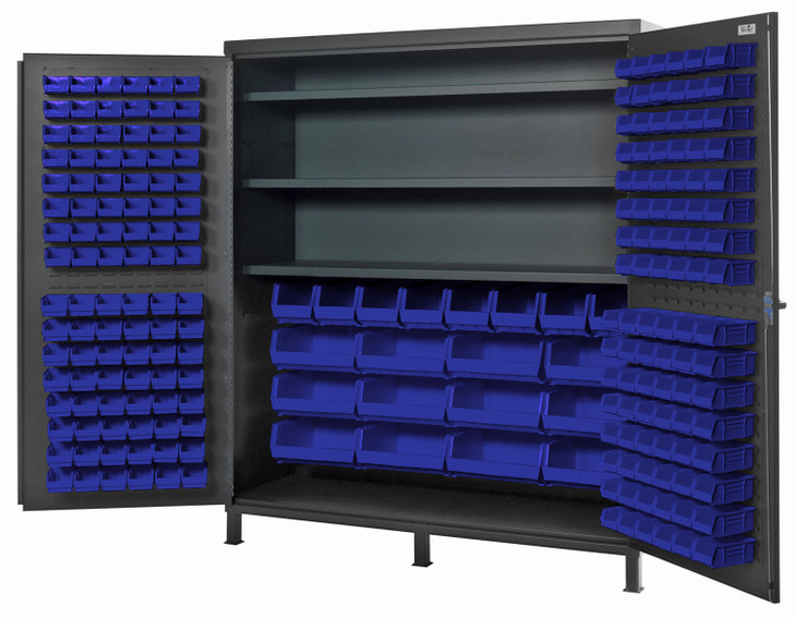 QSC-72SBL Heavy-Duty 72" Bin Cabinet, 72"W x 24"D x 84"H, 500 lb. capacity per interior shelf, 14 gauge all welded construction, includes: (3) adjustable shelves, (96) QUS210, (96) QUS220, (8) QUS240 and (12) QUS250 blue bins