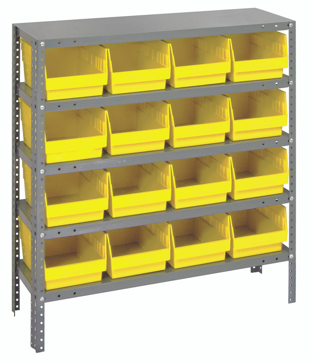 1239-207YL Shelving Unit, 12"D x 36"L x 39"H, heavy duty, 400 lb. load capacity per shelf, includes: (5) shelves, (16) 11-5/8"L x 8-3/8"W x 6"H (QSB207) yellow black bins, uprights and cross bars, galvanized steel finish
