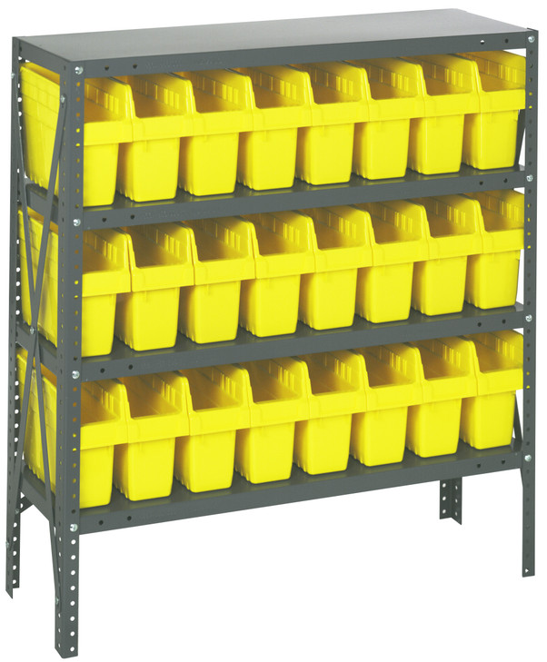 1239-SB801YL Shelving Unit, 12"D x 36"L x 39"H, heavy duty, 400 lb. load capacity per shelf, includes: (4) shelves, (24) 11-5/8"L x 4-3/8"W x 8"H (QSB801) yellow black bins, uprights and cross bars, galvanized steel finish