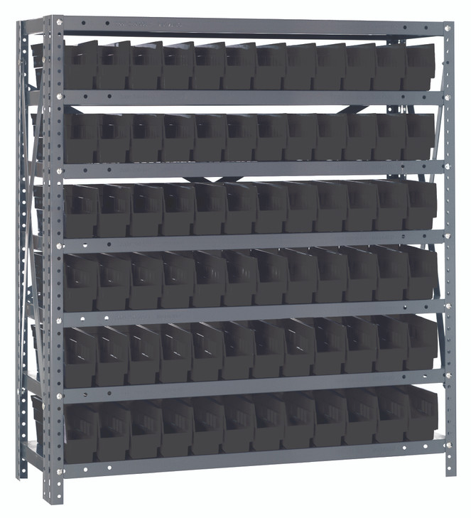 1239-100BK Shelving Unit, 12"D x 36"L x 39"H, heavy duty, 400 lb. load capacity per shelf, includes: (7) shelves, (72) 11-5/8"L x 2-3/4"W x 4"H (QSB100) black black bins, uprights and cross bars, galvanized steel finish
