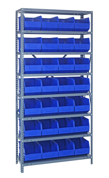 1275-423BL Shelving Unit, 12"D x 36"L x 75"H, heavy duty, 400 lb. load capacity per shelf, includes: (8) shelves, (28) 12"L x 8-1/4"W x 7"H (SSB423) blue black bins, uprights and cross bars, galvanized steel finish