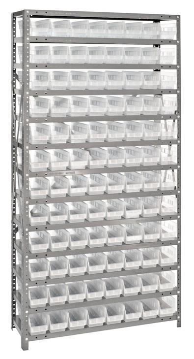 1275-101CL Shelving Unit, 12"D x 36"L x 75"H, heavy duty, 400 lb. load capacity per shelf, includes: (13) shelves, (96) 11-5/8"L x 4-1/8"W x 4"H (QSB101) clear black bins, uprights and cross bars, galvanized steel finish