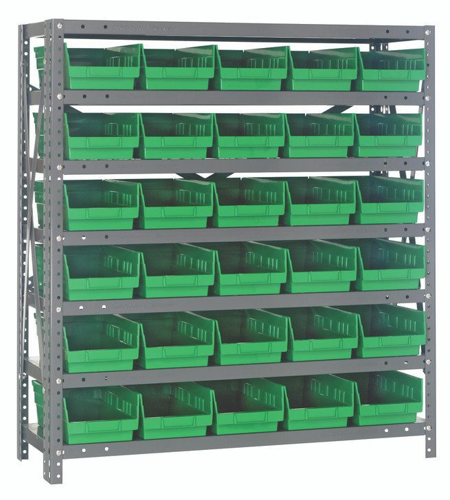 1239-102GN Shelving Unit, 12"D x 36"L x 39"H, heavy duty, 400 lb. load capacity per shelf, includes: (7) shelves, (30) 11-5/8"L x 6-5/8"W x 4"H (QSB102) green black bins, uprights and cross bars, galvanized steel finish