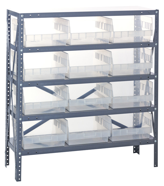 1239-209CL Shelving Unit, 12"D x 36"L x 39"H, heavy duty, 400 lb. load capacity per shelf, includes: (5) shelves, (12) 11-5/8"L x 11-1/8"W x 6"H (QSB209) clear black bins, uprights and cross bars, galvanized steel finish