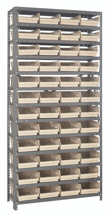 1275-107IV Shelving Unit, 12"D x 36"L x 75"H, heavy duty, 400 lb. load capacity per shelf, includes: (13) shelves, (48) 11-5/8"L x 8-3/8"W x 4"H (QSB107) ivory black bins, uprights and cross bars, galvanized steel finish