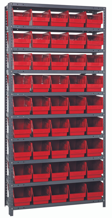 1275-202RD Shelving Unit, 12"D x 36"L x 75"H, heavy duty, 400 lb. load capacity per shelf, includes: (10) shelves, (45) 11-5/8"L x 6-5/8"W x 6"H (QSB202) red black bins, uprights and cross bars, galvanized steel finish