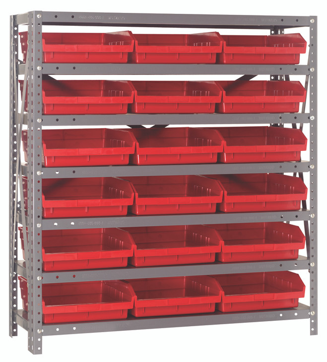 1239-109RD Shelving Unit, 12"D x 36"L x 39"H, heavy duty, 400 lb. load capacity per shelf, includes: (7) shelves, (18) 11-5/8"L x 11-1/8"W x 4"H (QSB109) red black bins, uprights and cross bars, galvanized steel finish