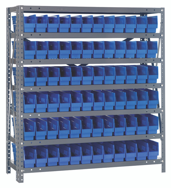 1239-100BL Shelving Unit, 12"D x 36"L x 39"H, heavy duty, 400 lb. load capacity per shelf, includes: (7) shelves, (72) 11-5/8"L x 2-3/4"W x 4"H (QSB100) blue black bins, uprights and cross bars, galvanized steel finish