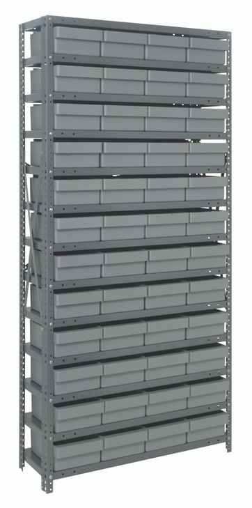1275-701GY Shelving Unit, 12"D x 36"L x 75"H, heavy duty, 400 lb. load capacity per shelf, includes: (13) shelves, (48) 11-5/8"L x 8-3/8"W x 4-5/8"H (QED701) gray black bins, uprights and cross bars, galvanized steel finish