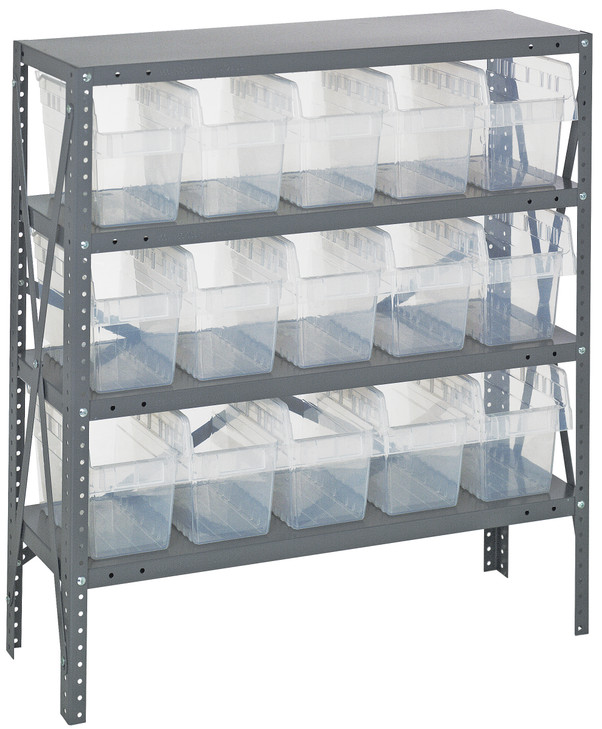 1239-SB802CL Shelving Unit, 12"D x 36"L x 39"H, heavy duty, 400 lb. load capacity per shelf, includes: (4) shelves, (15) 11-5/8"L x 6-5/8"W x 8"H (QSB802) clear black bins, uprights and cross bars, galvanized steel finish