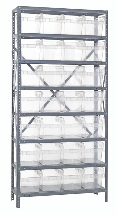 1275-SB807CL Shelving Unit, 12"D x 36"L x 75"H, heavy duty, 400 lb. load capacity per shelf, includes: (8) shelves, (28) 11-5/8"L x 8-3/8"W x 8"H (QSB807) clear black bins, uprights and cross bars, galvanized steel finish