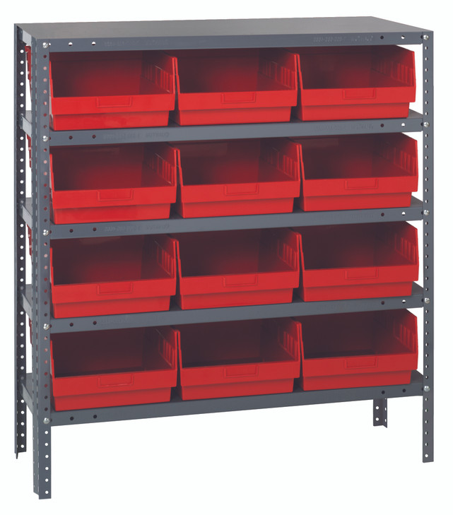 1239-209RD Shelving Unit, 12"D x 36"L x 39"H, heavy duty, 400 lb. load capacity per shelf, includes: (5) shelves, (12) 11-5/8"L x 11-1/8"W x 6"H (QSB209) red black bins, uprights and cross bars, galvanized steel finish