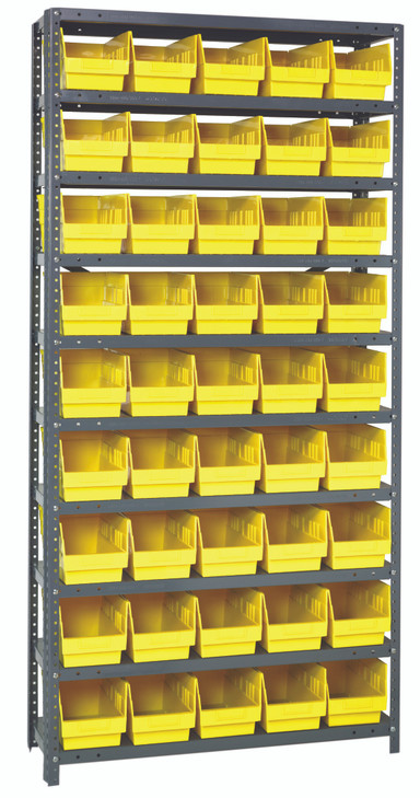 1275-202YL Shelving Unit, 12"D x 36"L x 75"H, heavy duty, 400 lb. load capacity per shelf, includes: (10) shelves, (45) 11-5/8"L x 6-5/8"W x 6"H (QSB202) yellow black bins, uprights and cross bars, galvanized steel finish