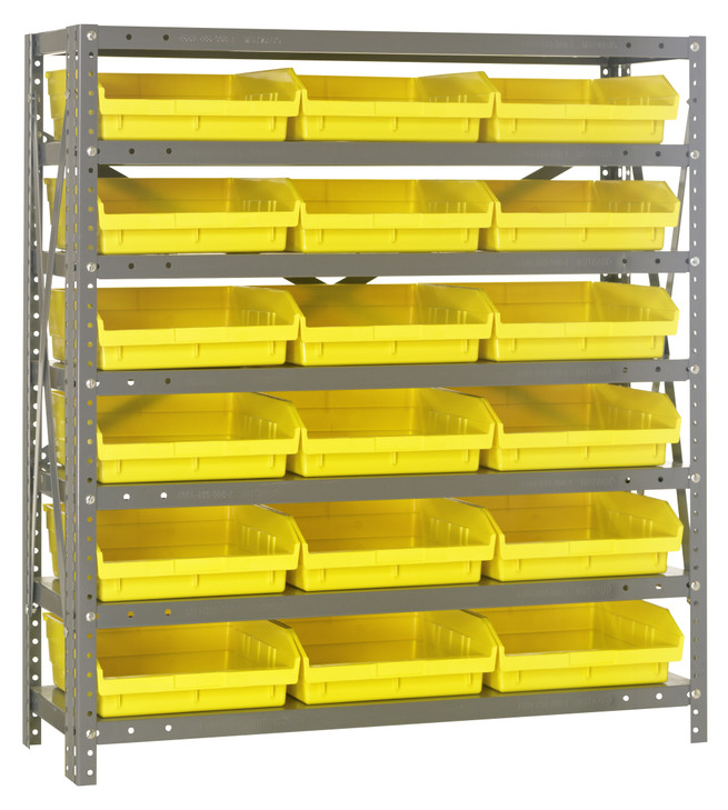 1239-109YL Shelving Unit, 12"D x 36"L x 39"H, heavy duty, 400 lb. load capacity per shelf, includes: (7) shelves, (18) 11-5/8"L x 11-1/8"W x 4"H (QSB109) yellow black bins, uprights and cross bars, galvanized steel finish