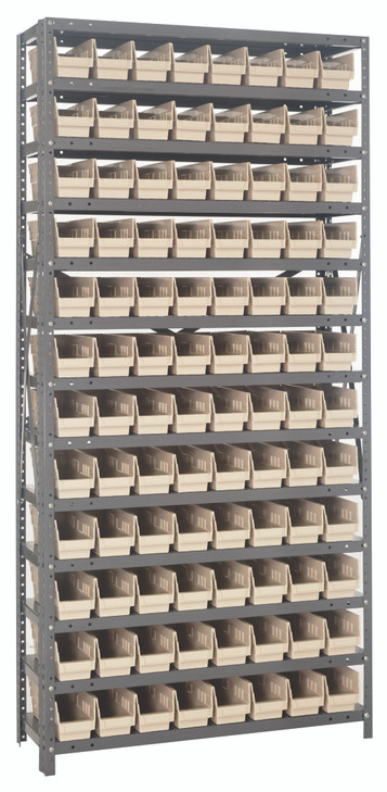 1275-101IV Shelving Unit, 12"D x 36"L x 75"H, heavy duty, 400 lb. load capacity per shelf, includes: (13) shelves, (96) 11-5/8"L x 4-1/8"W x 4"H (QSB101) ivory black bins, uprights and cross bars, galvanized steel finish