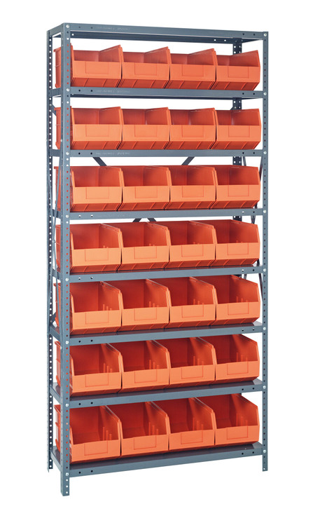 1275-423OR Shelving Unit, 12"D x 36"L x 75"H, heavy duty, 400 lb. load capacity per shelf, includes: (8) shelves, (28) 12"L x 8-1/4"W x 7"H (SSB423) orange black bins, uprights and cross bars, galvanized steel finish