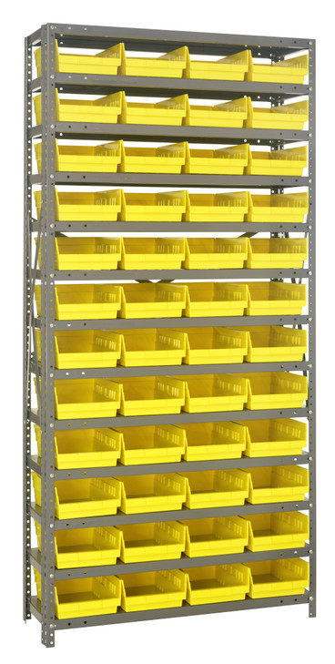 1275-107YL Shelving Unit, 12"D x 36"L x 75"H, heavy duty, 400 lb. load capacity per shelf, includes: (13) shelves, (48) 11-5/8"L x 8-3/8"W x 4"H (QSB107) yellow black bins, uprights and cross bars, galvanized steel finish