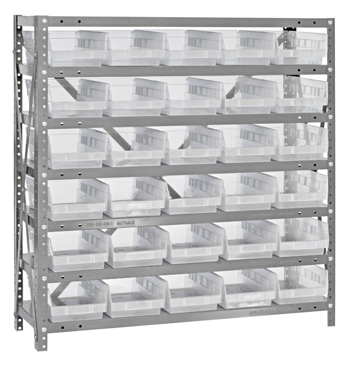 1839-104CL Shelving Unit, 18"D x 36"L x 39"H, heavy duty, 400 lb. load capacity per shelf, includes: (7) shelves, (30) 17-7/8"L x 6-5/8"W x 4"H (QSB104) clear black bins, uprights and cross bars, galvanized steel finish