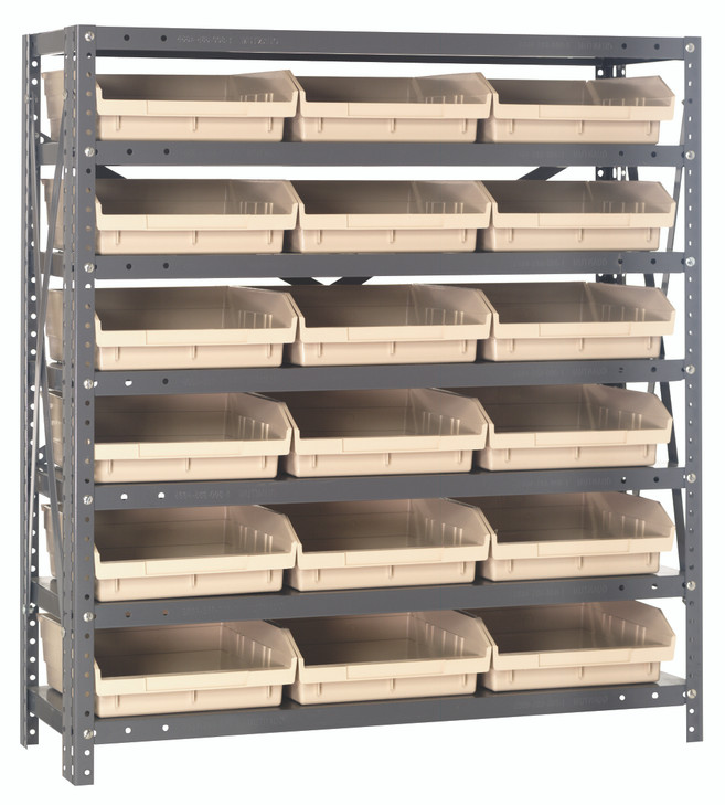 1839-110IV Shelving Unit, 18"D x 36"L x 39"H, heavy duty, 400 lb. load capacity per shelf, includes: (7) shelves, (18) 17-7/8"L x 11-1/8"W x 4"H (QSB110) ivory black bins, uprights and cross bars, galvanized steel finish