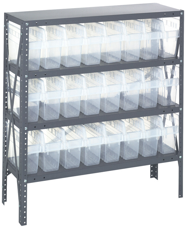 1839-SB803CL Shelving Unit, 18"D x 36"L x 39"H, heavy duty, 400 lb. load capacity per shelf, includes: (4) shelves, (24) 17-7/8"L x 4-3/8"W x 8"H (QSB803) clear black bins, uprights and cross bars, galvanized steel finish