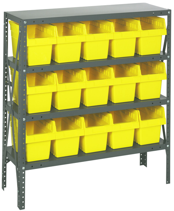 1239-SB802YL Shelving Unit, 12"D x 36"L x 39"H, heavy duty, 400 lb. load capacity per shelf, includes: (4) shelves, (15) 11-5/8"L x 6-5/8"W x 8"H (QSB802) yellow black bins, uprights and cross bars, galvanized steel finish