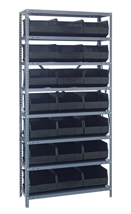 1275-425BK Shelving Unit, 12"D x 36"L x 75"H, heavy duty, 400 lb. load capacity per shelf, includes: (8) shelves, (21) 12"L x 11"W x 7"H (SSB425) black black bins, uprights and cross bars, galvanized steel finish
