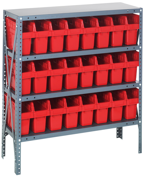 1839-SB803RD Shelving Unit, 18"D x 36"L x 39"H, heavy duty, 400 lb. load capacity per shelf, includes: (4) shelves, (24) 17-7/8"L x 4-3/8"W x 8"H (QSB803) red black bins, uprights and cross bars, galvanized steel finish