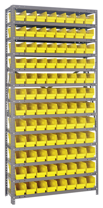 1275-101YL Shelving Unit, 12"D x 36"L x 75"H, heavy duty, 400 lb. load capacity per shelf, includes: (13) shelves, (96) 11-5/8"L x 4-1/8"W x 4"H (QSB101) yellow black bins, uprights and cross bars, galvanized steel finish
