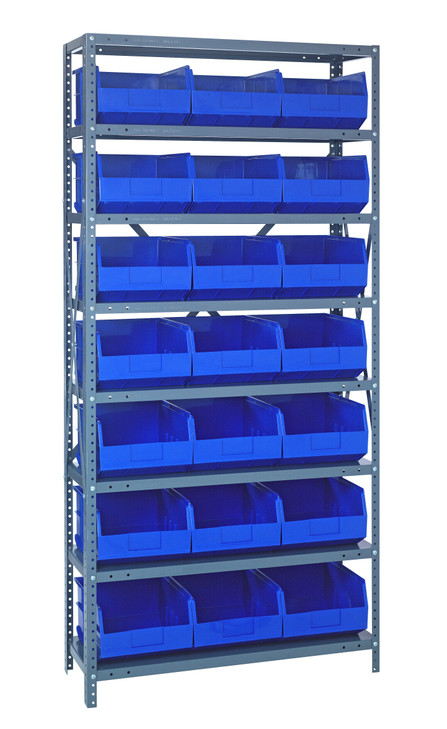 1275-425BL Shelving Unit, 12"D x 36"L x 75"H, heavy duty, 400 lb. load capacity per shelf, includes: (8) shelves, (21) 12"L x 11"W x 7"H (SSB425) blue black bins, uprights and cross bars, galvanized steel finish