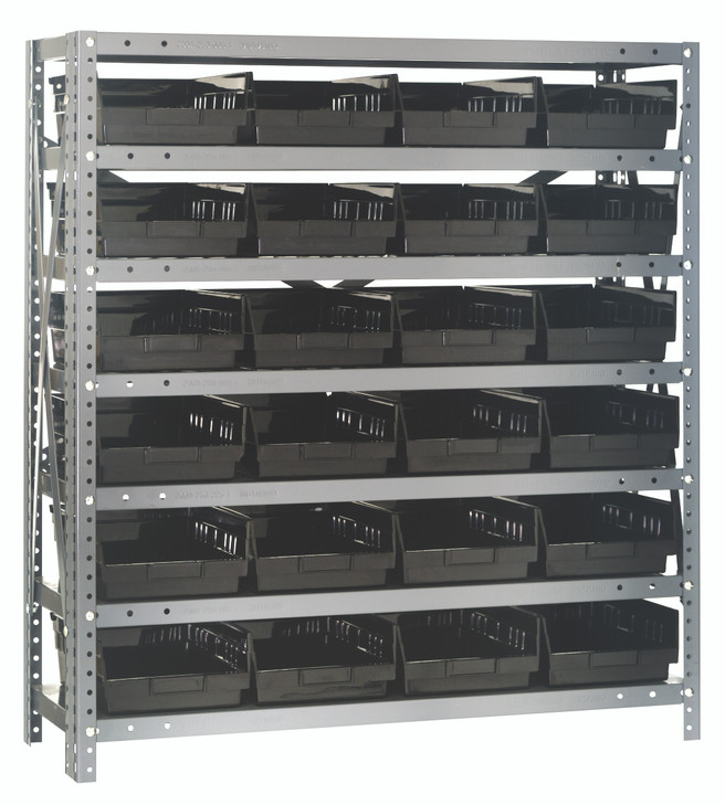 1239-107BK Shelving Unit, 12"D x 36"L x 39"H, heavy duty, 400 lb. load capacity per shelf, includes: (7) shelves, (24) 11-5/8"L x 8-3/8"W x 4"H (QSB107) black black bins, uprights and cross bars, galvanized steel finish