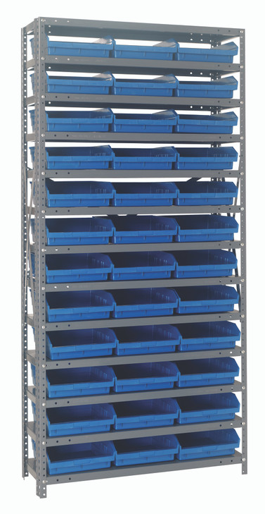 1275-109BL Shelving Unit, 12"D x 36"L x 75"H, heavy duty, 400 lb. load capacity per shelf, includes: (13) shelves, (36) 11-5/8"L x 11-1/8"W x 4"H (QSB109) blue black bins, uprights and cross bars, galvanized steel finish