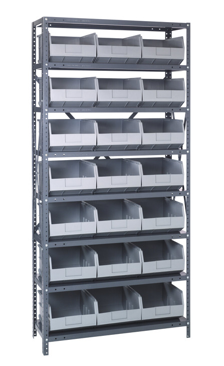 1275-425GY Shelving Unit, 12"D x 36"L x 75"H, heavy duty, 400 lb. load capacity per shelf, includes: (8) shelves, (21) 12"L x 11"W x 7"H (SSB425) gray black bins, uprights and cross bars, galvanized steel finish