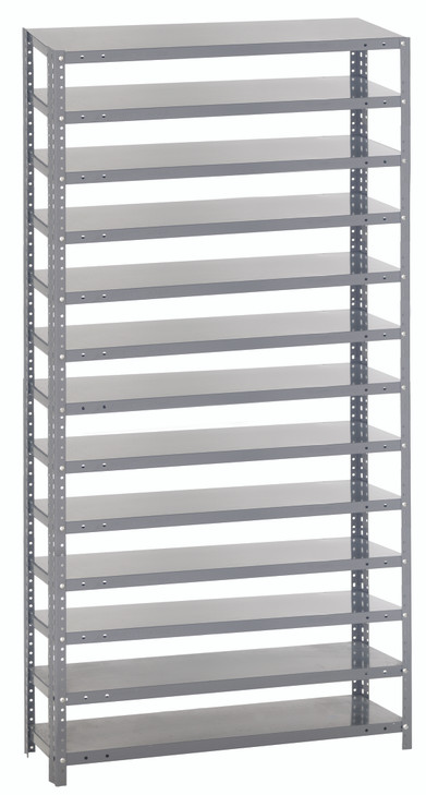 1275-000 Shelving Unit, 12"D x 36"L x 75"H, heavy duty, 400 lb. load capacity per shelf, includes: (13) shelves, uprights and cross bars, galvanized steel finish