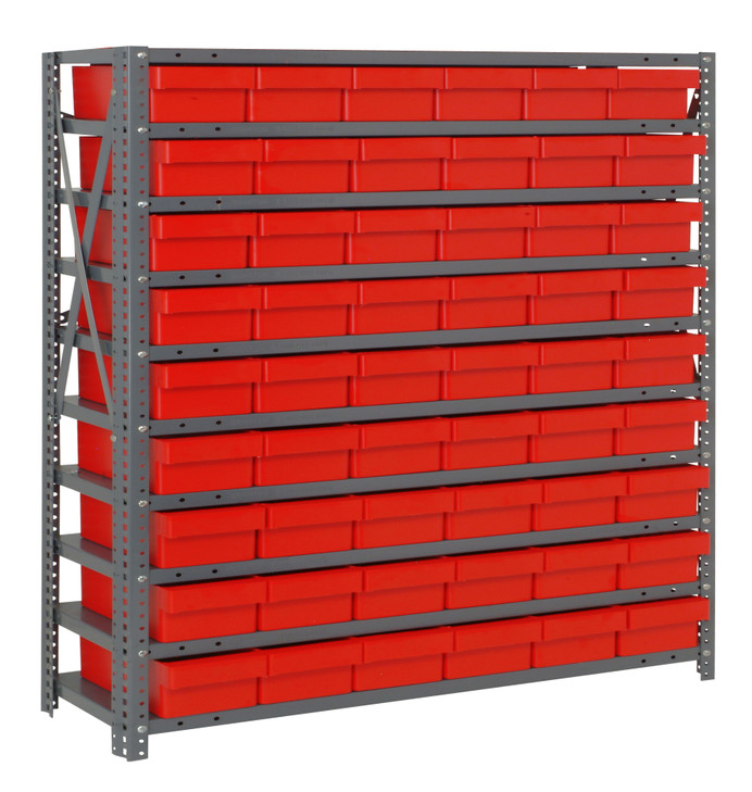 1239-401RD Shelving Unit, 12"D x 36"L x 39"H, heavy duty, 400 lb. load capacity per shelf, includes: (10) shelves, (54) 11-5/8"L x 5-9/16"W x 2-1/8"H (QED401) red black bins, uprights and cross bars, galvanized steel finish