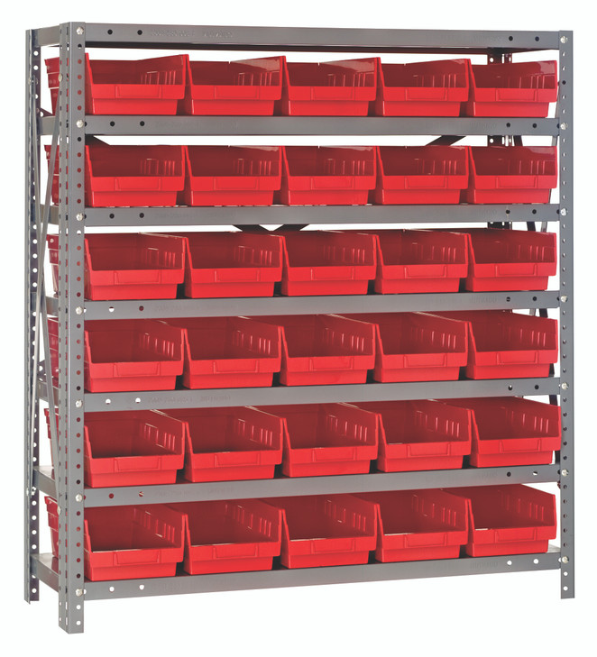 1839-104RD Shelving Unit, 18"D x 36"L x 39"H, heavy duty, 400 lb. load capacity per shelf, includes: (7) shelves, (30) 17-7/8"L x 6-5/8"W x 4"H (QSB104) red black bins, uprights and cross bars, galvanized steel finish