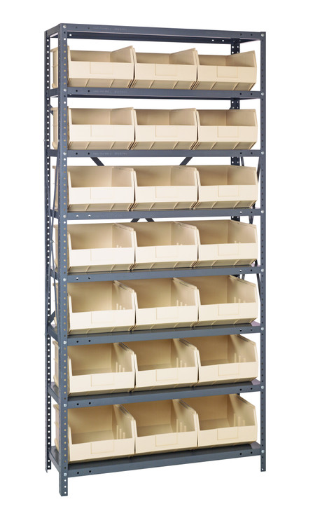 1275-445IV Shelving Unit, 12"D x 36"L x 75"H, heavy duty, 400 lb. load capacity per shelf, includes: (8) shelves, (21) 14"L x 11"W x 7"H (SSB445) ivory black bins, uprights and cross bars, galvanized steel finish