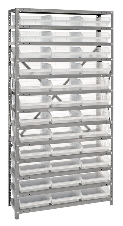 1275-109CL Shelving Unit, 12"D x 36"L x 75"H, heavy duty, 400 lb. load capacity per shelf, includes: (13) shelves, (36) 11-5/8"L x 11-1/8"W x 4"H (QSB109) clear black bins, uprights and cross bars, galvanized steel finish