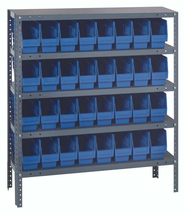 1839-203BL Shelving Unit, 18"D x 36"L x 39"H, heavy duty, 400 lb. load capacity per shelf, includes: (5) shelves, (32) 17-7/8"L x 4-1/8"W x 6"H (QSB203) blue black bins, uprights and cross bars, galvanized steel finish