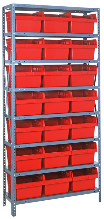 1275-SB809RD Shelving Unit, 12"D x 36"L x 75"H, heavy duty, 400 lb. load capacity per shelf, includes: (8) shelves, (21) 11-5/8"L x 8-3/8"W x 8"H (QSB809) red black bins, uprights and cross bars, galvanized steel finish