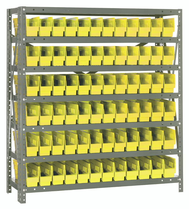 1239-100YL Shelving Unit, 12"D x 36"L x 39"H, heavy duty, 400 lb. load capacity per shelf, includes: (7) shelves, (72) 11-5/8"L x 2-3/4"W x 4"H (QSB100) yellow black bins, uprights and cross bars, galvanized steel finish