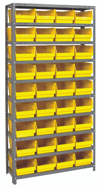1275-207YL Shelving Unit, 12"D x 36"L x 75"H, heavy duty, 400 lb. load capacity per shelf, includes: (10) shelves, (36) 11-5/8"L x 8-3/8"W x 6"H (QSB207) yellow black bins, uprights and cross bars, galvanized steel finish