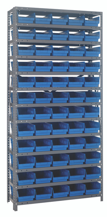 1275-102BL Shelving Unit, 12"D x 36"L x 75"H, heavy duty, 400 lb. load capacity per shelf, includes: (13) shelves, (60) 11-5/8"L x 6-5/8"W x 4"H (QSB102) blue black bins, uprights and cross bars, galvanized steel finish