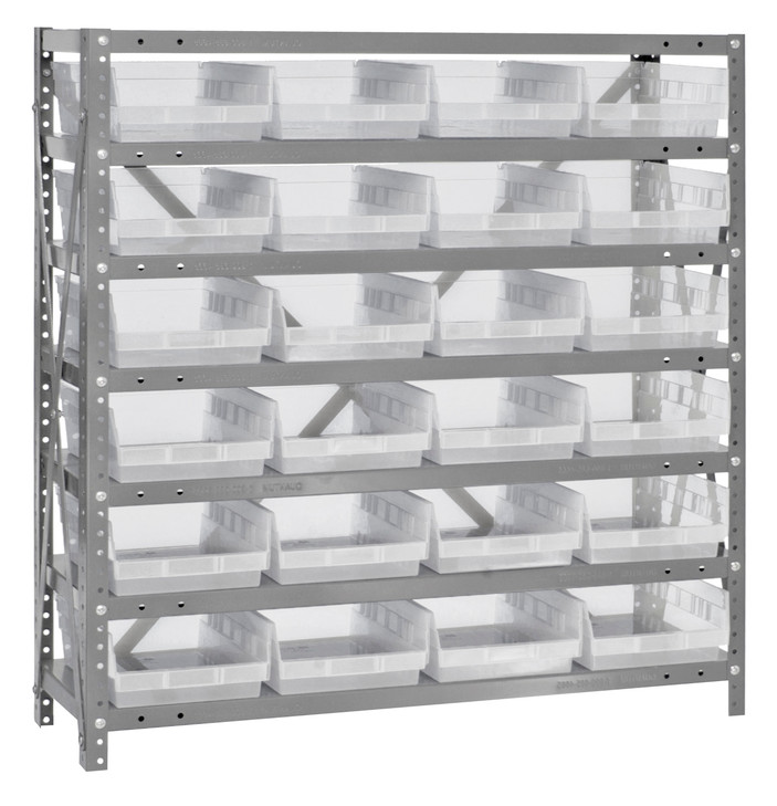 1239-107CL Shelving Unit, 12"D x 36"L x 39"H, heavy duty, 400 lb. load capacity per shelf, includes: (7) shelves, (24) 11-5/8"L x 8-3/8"W x 4"H (QSB107) clear black bins, uprights and cross bars, galvanized steel finish